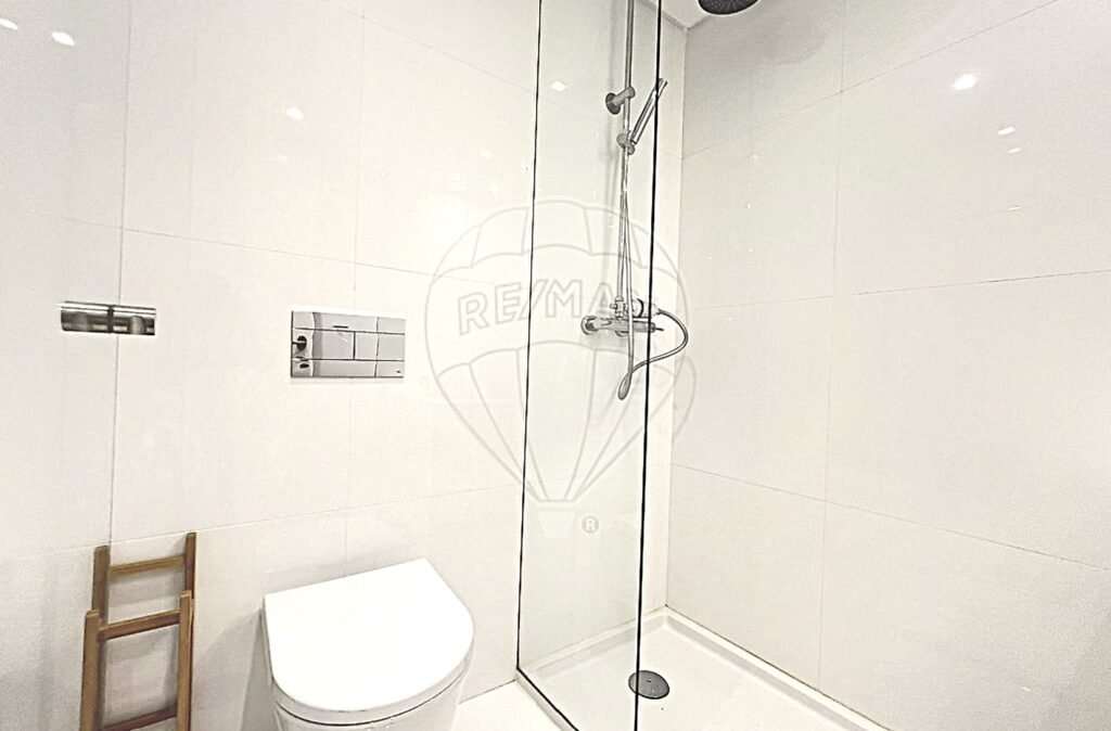 Contemporary bathroom interior showing the toilet and a walk-in glass shower.