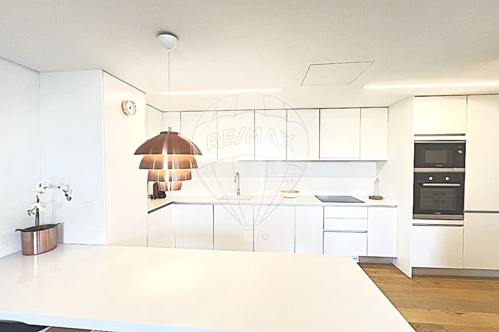 Frontal view of a clean, minimalist kitchen with polished surfaces.