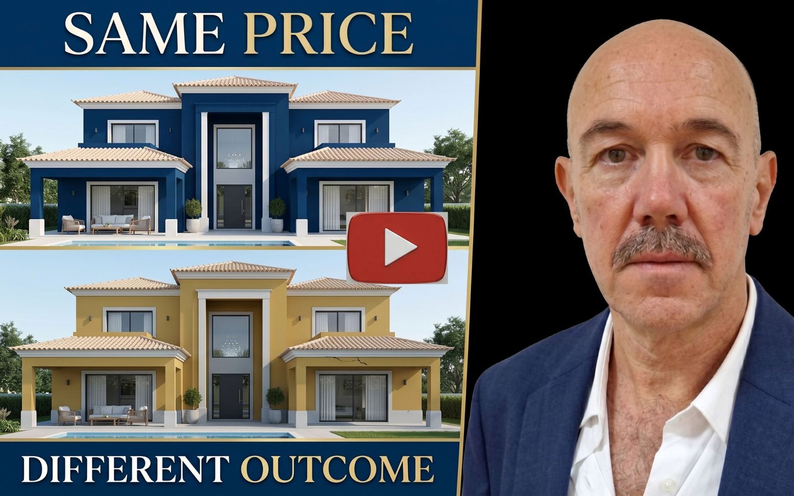 A YouTube thumbnail for a real estate channel comparing property investments in the Algarve; features a presenter in a blazer and a split-view showing two villas in Vilamoura at the same price point to discuss "Different Futures" for buyers.