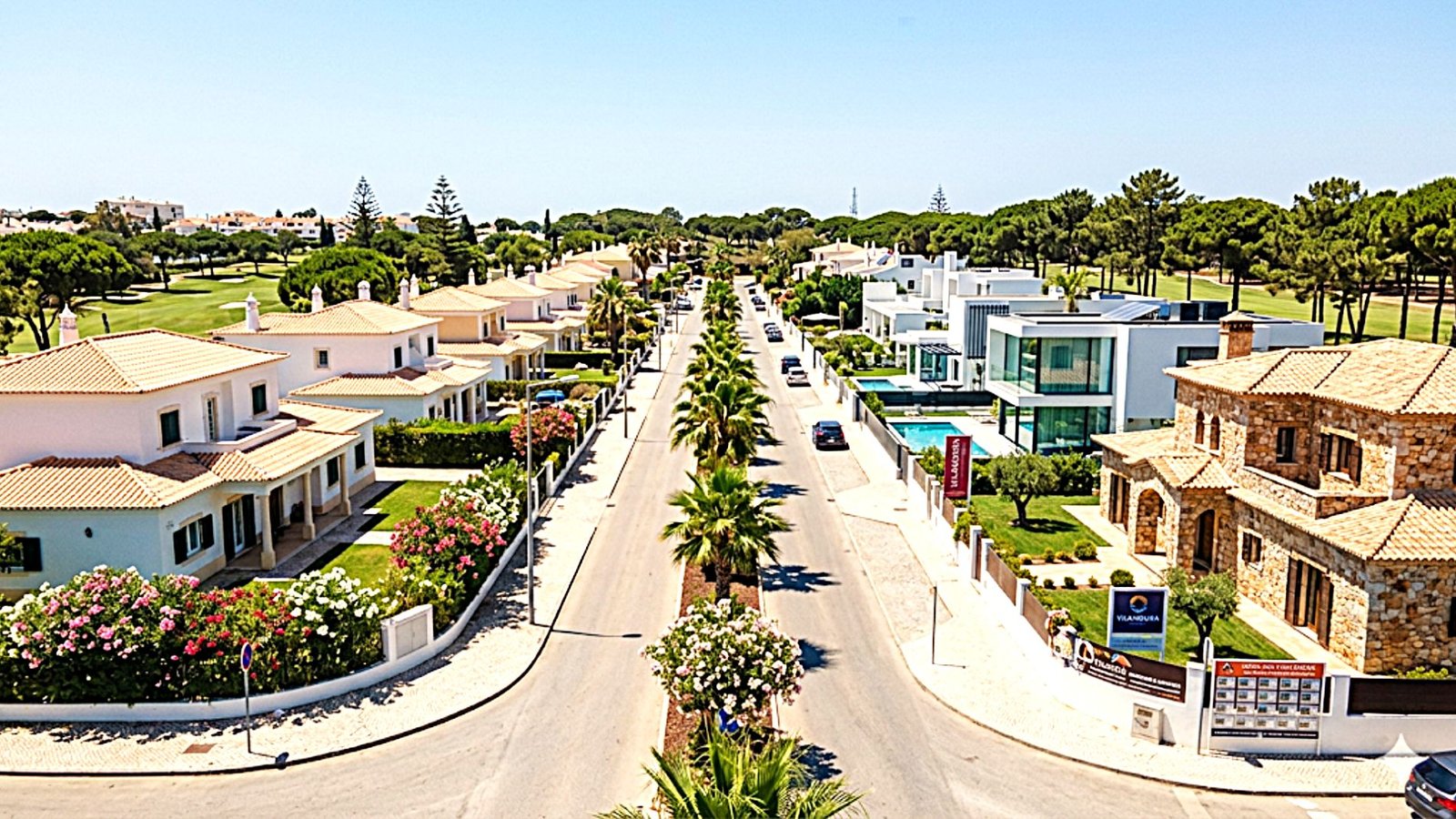 Street in the Algarve with standard villas on one side and more upmarket villas on the other, illustrating different buyer profiles and liquidity