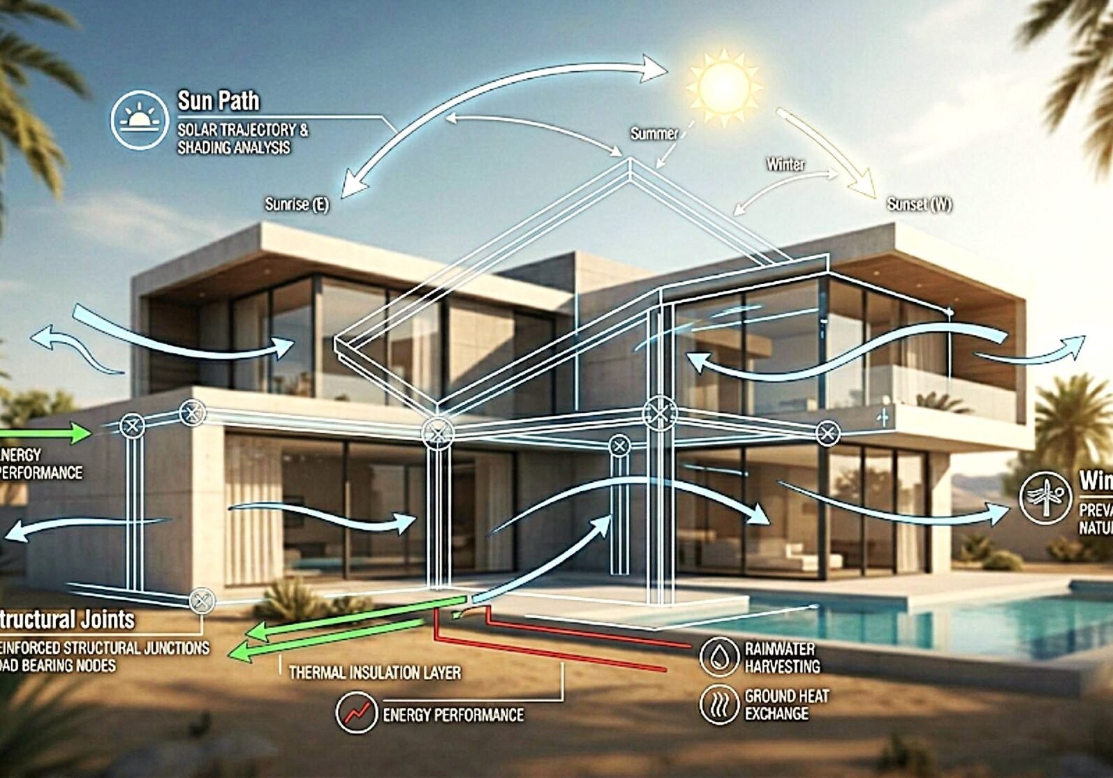Technical schematic of a sustainable luxury home in Vilamoura, Algarve, illustrating energy performance features like sun path analysis, wind ventilation, and ground heat exchange for modern sustainable building.