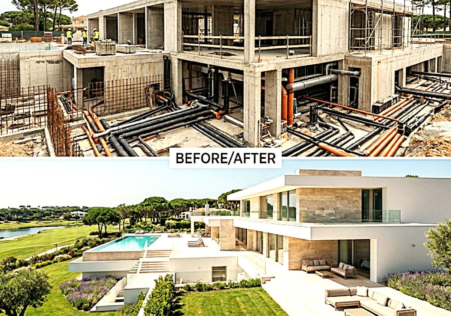Before and after images showing how hidden property issues affect a villa in the Algarve over time